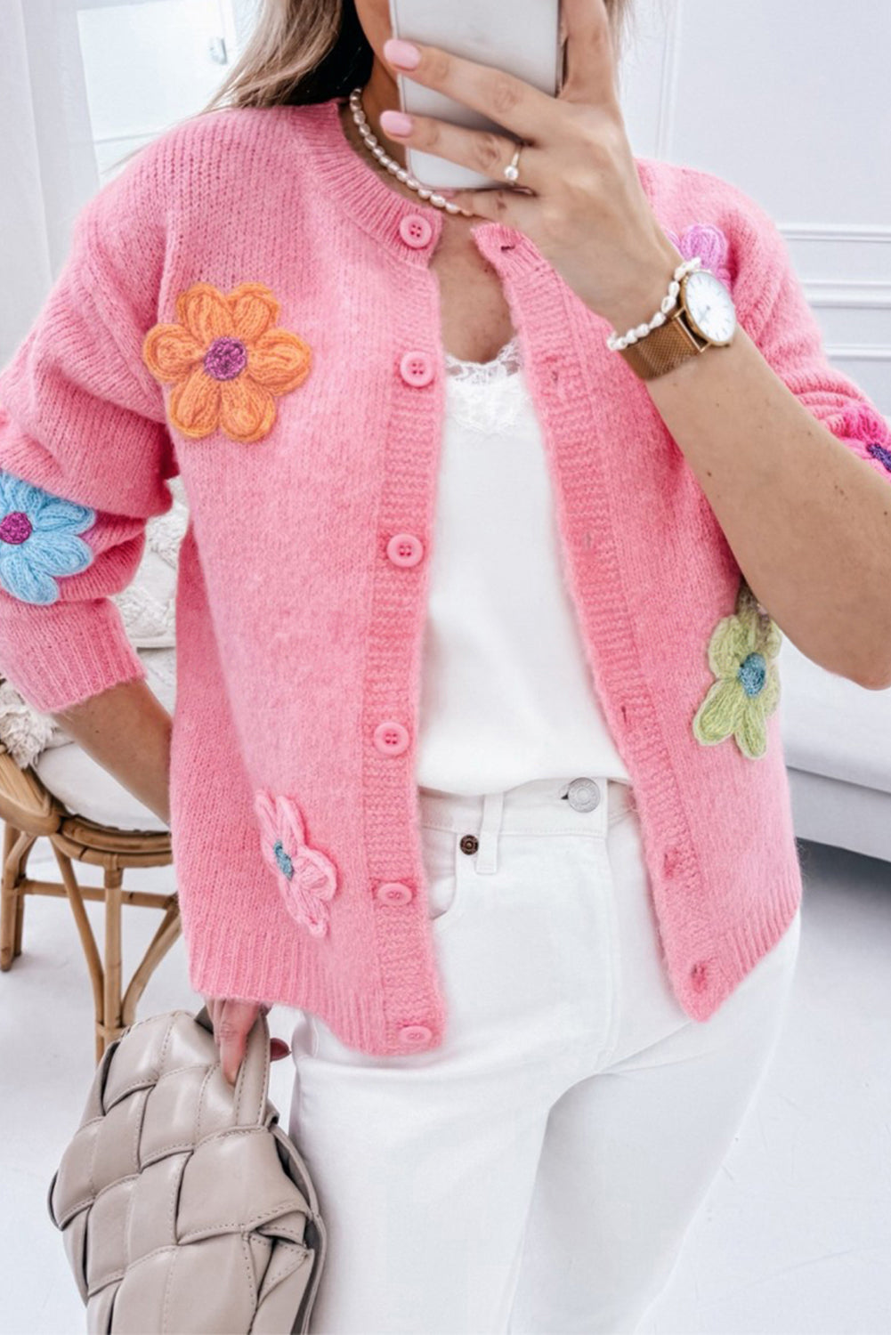 Knitted Floral Pattern Cardigan