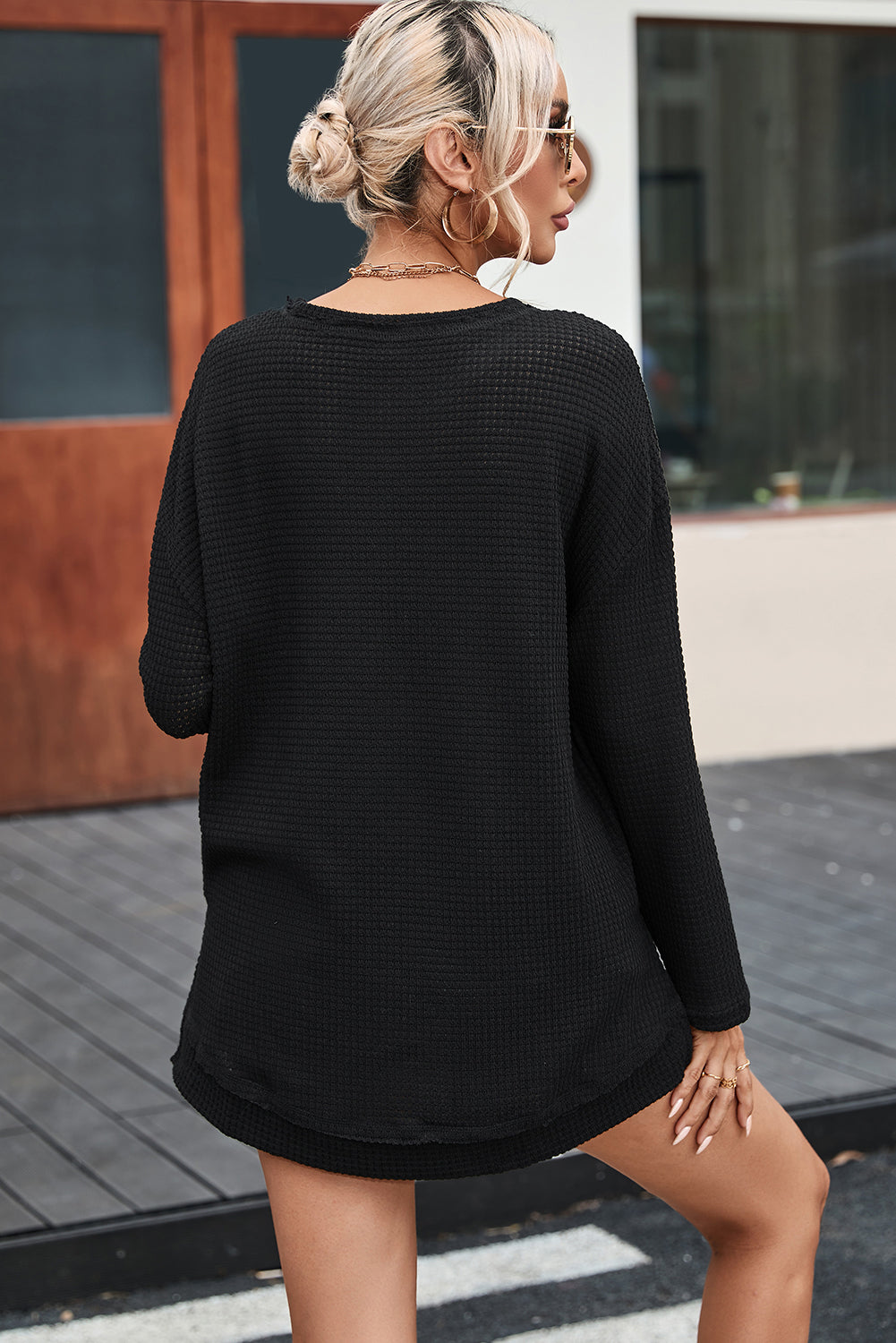 Black Basic Waffle Oversized Top