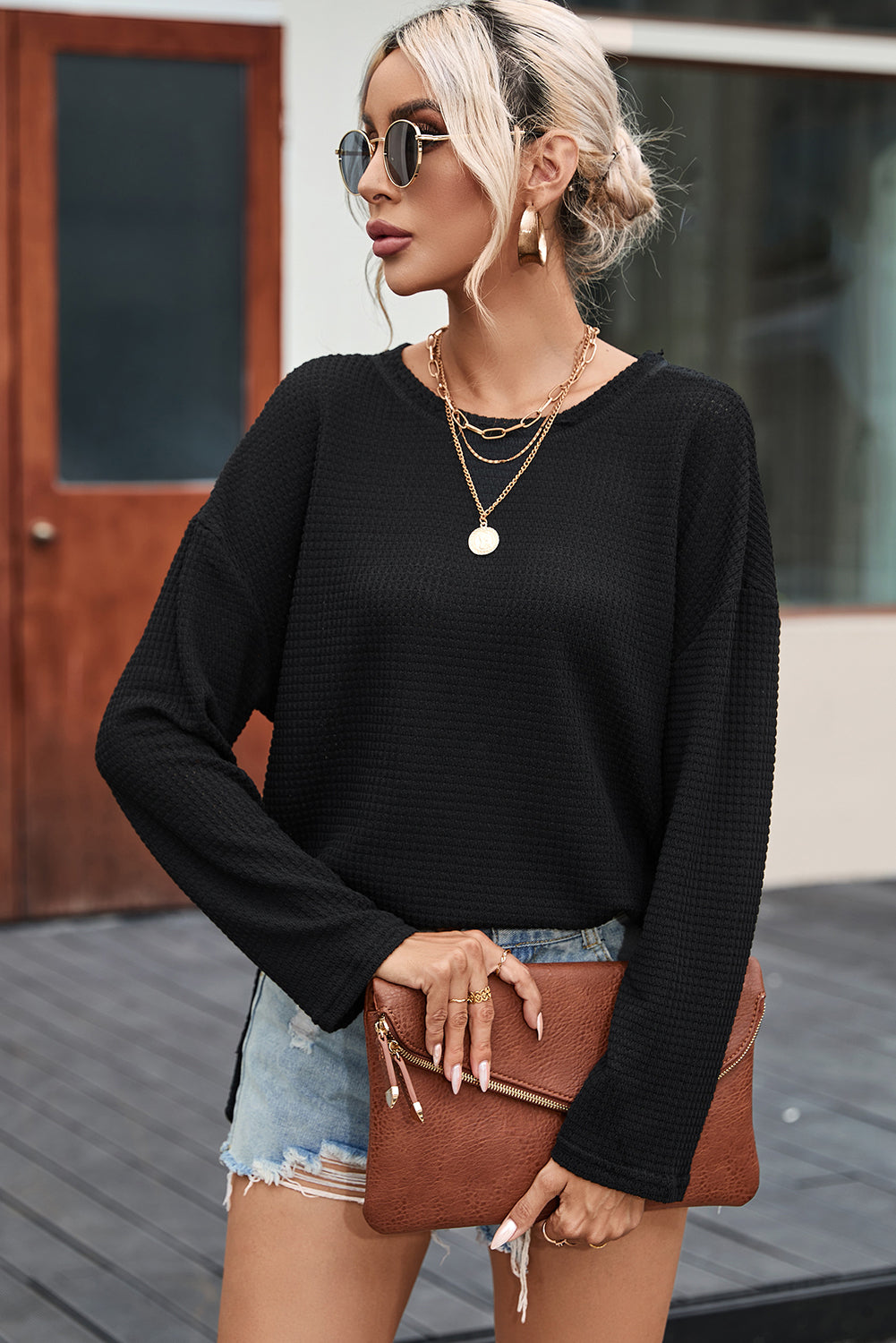 Black Basic Waffle Oversized Top