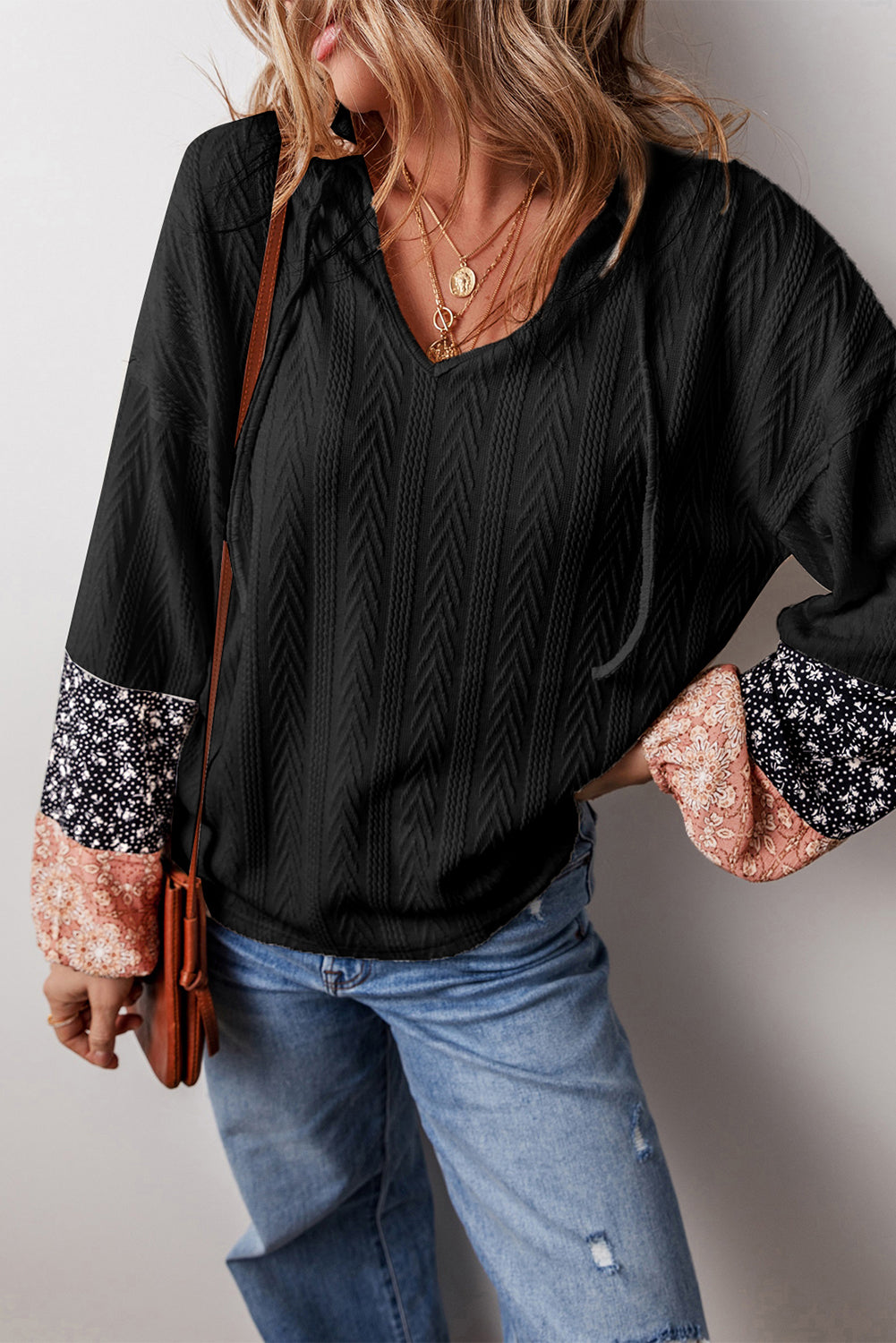 Black Floral Lace-Up Blouse