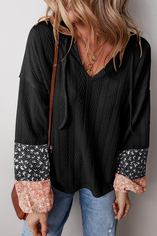 Black Floral Lace-Up Blouse