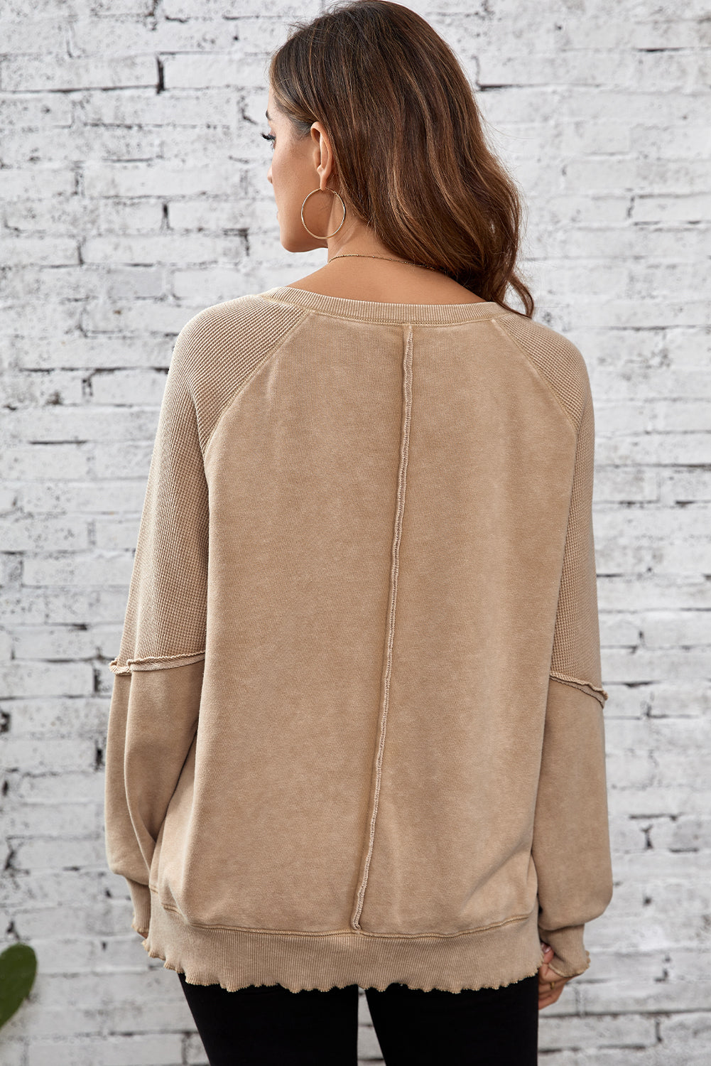 French Beige Basic Waffle Knit Sweatshirt