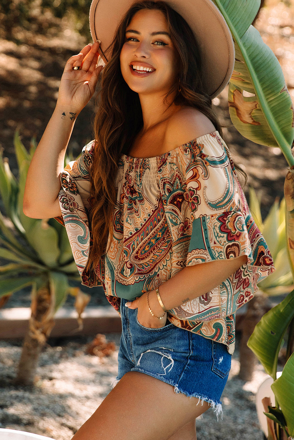 Paisley Printed Off Shoulder Top