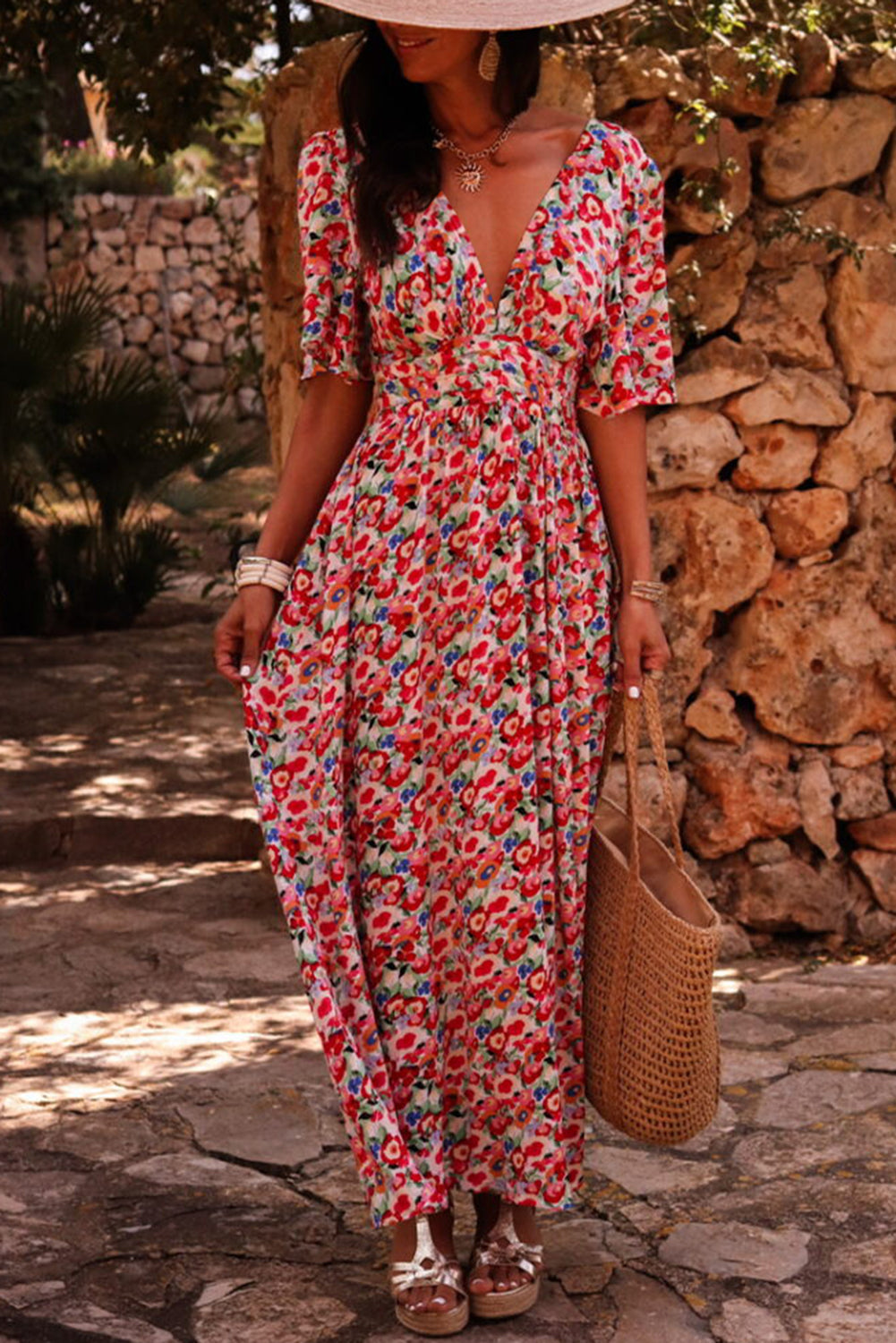 Floral Deep V Cut Maxi Dress