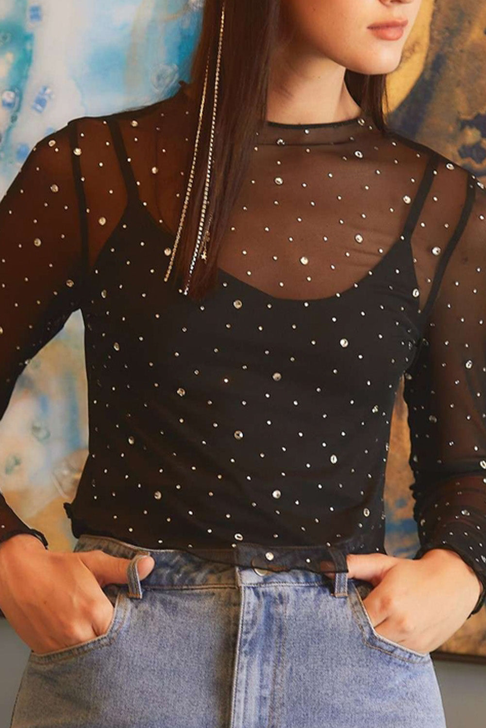 Rhinestone Sheer Mesh Top