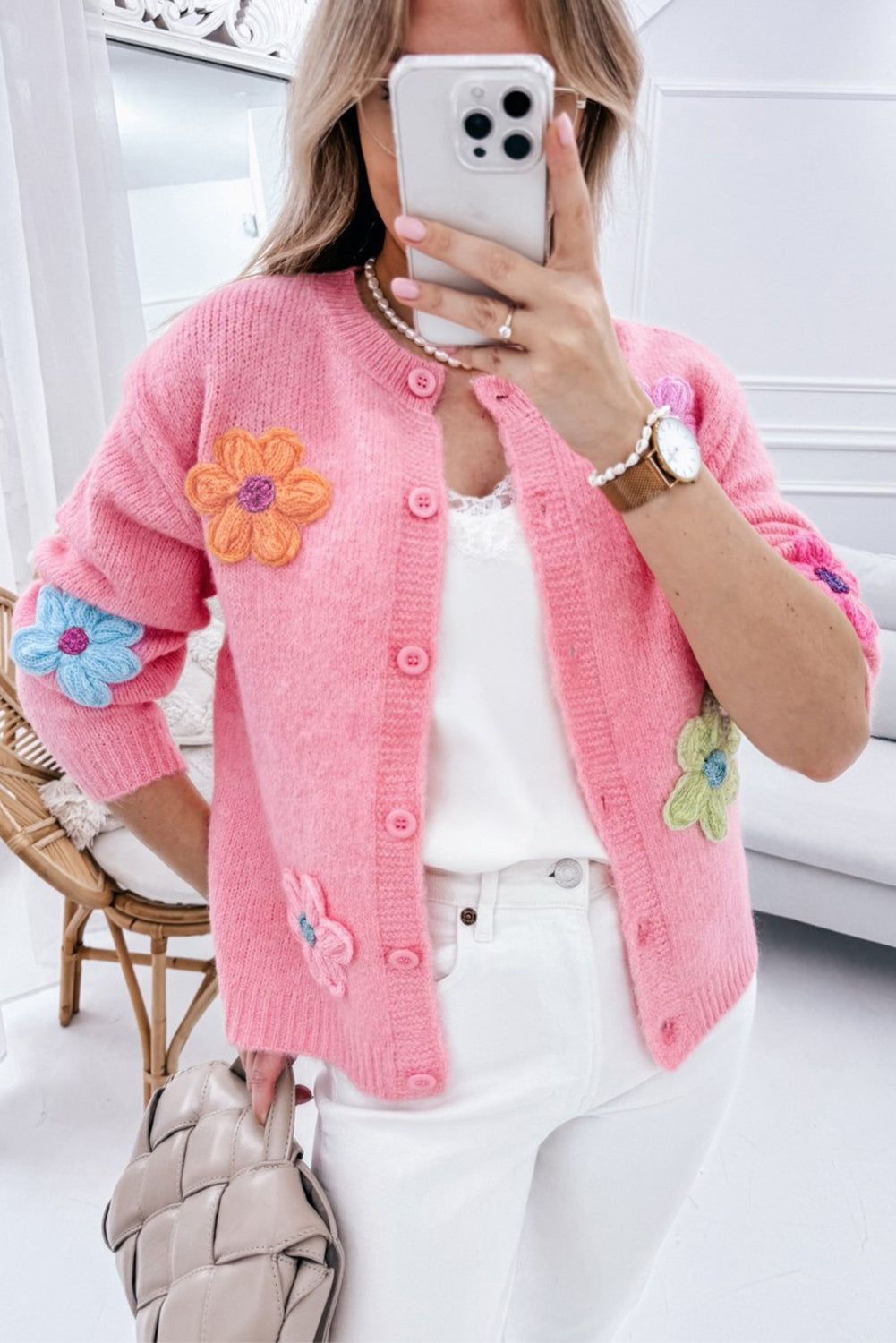 Knitted Floral Pattern Cardigan