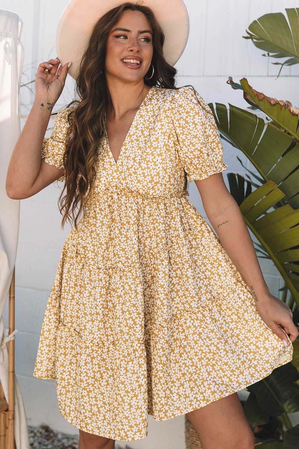 Yellow Floral Tiered Mini Dress