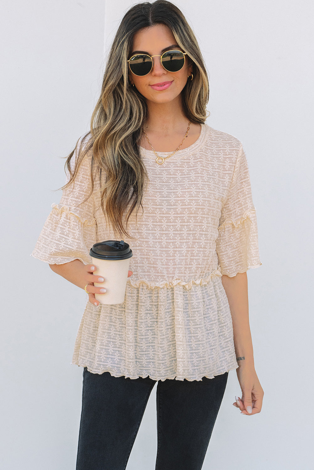 Textured Ruffled Short Sleeve Blouse