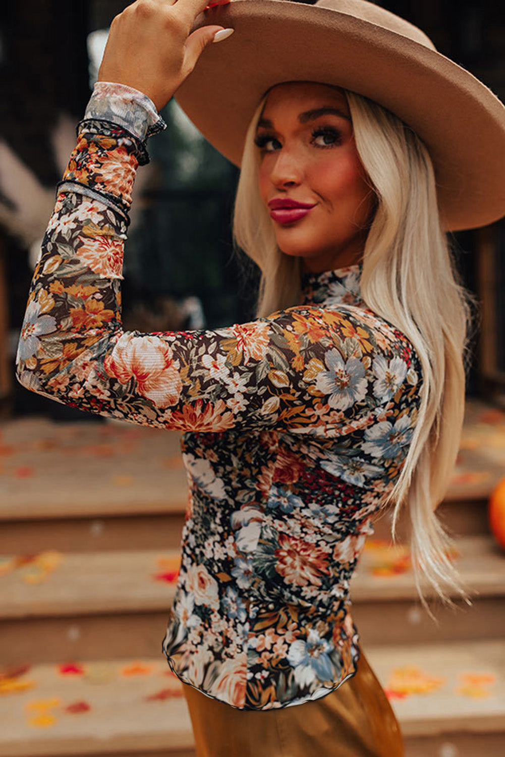 Brown Floral Mesh Blouse