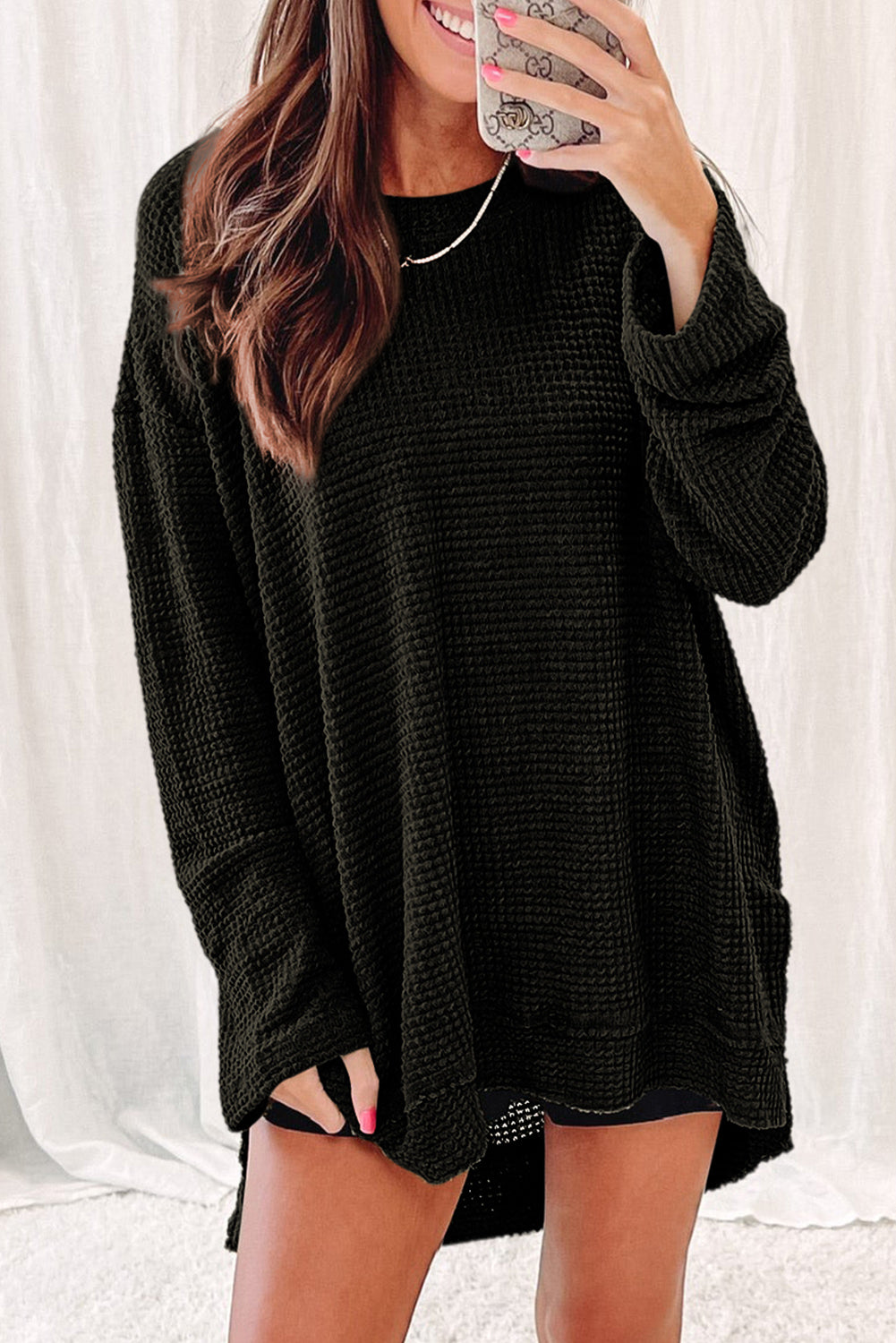 Black Basic Waffle Oversized Top