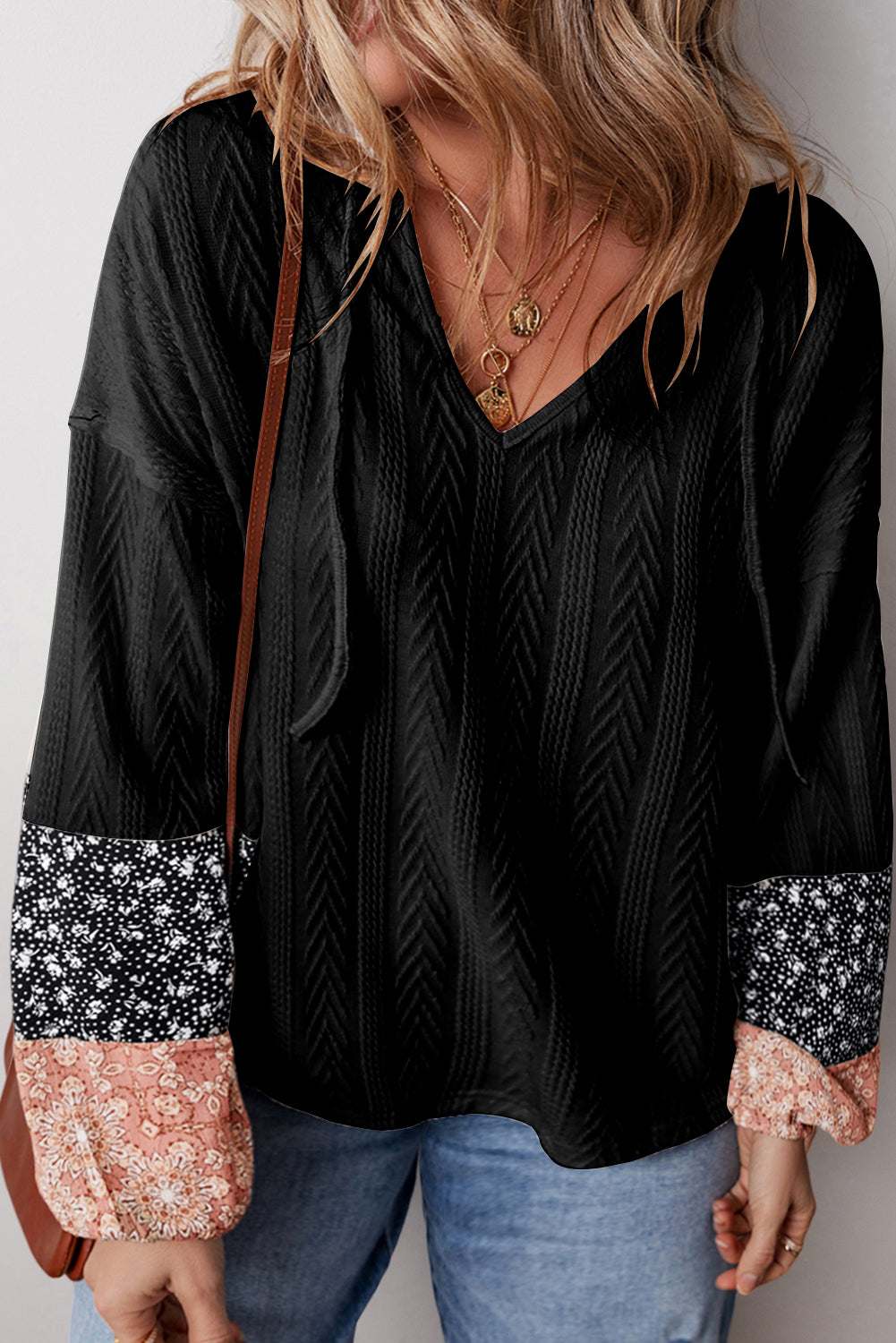 Black Floral Lace-Up Blouse