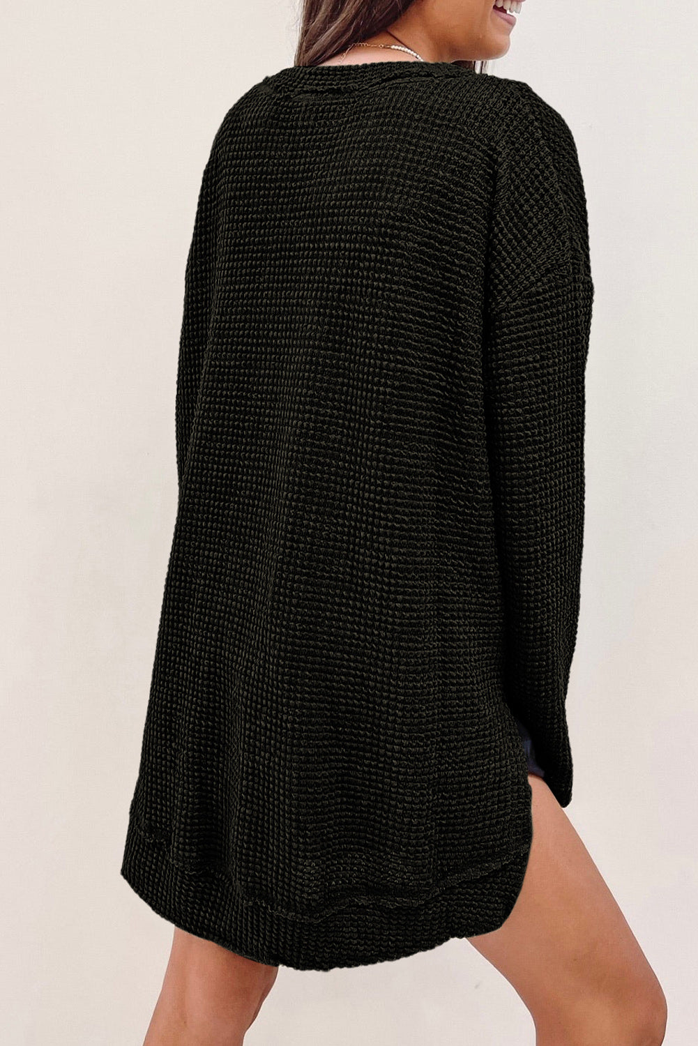 Black Basic Waffle Oversized Top