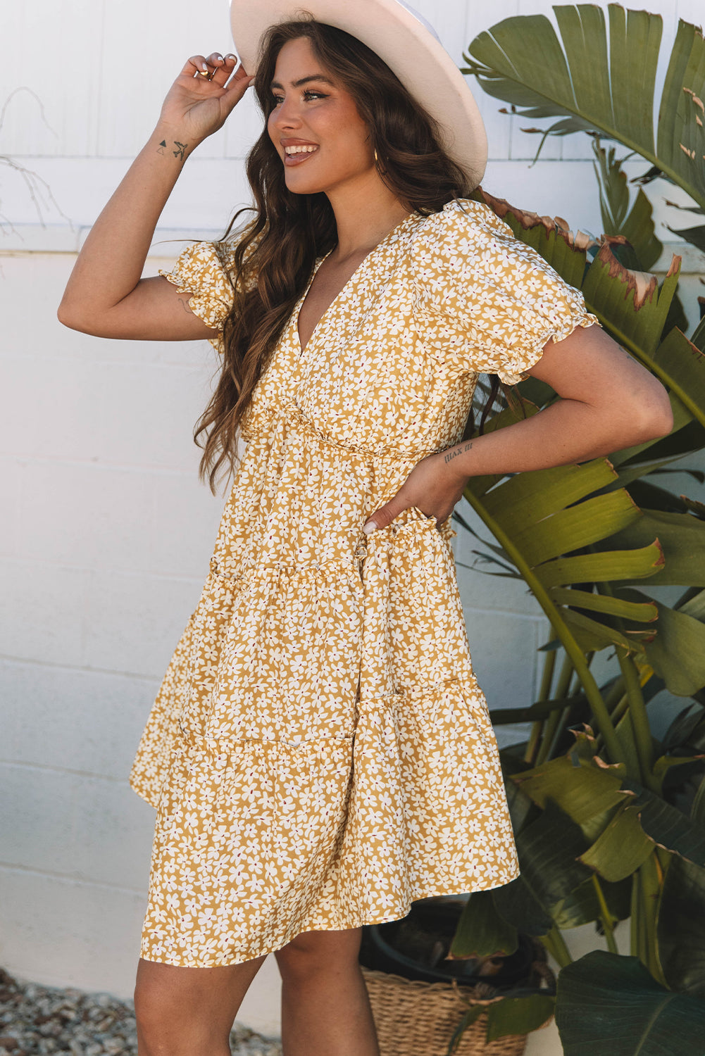 Yellow Floral Tiered Mini Dress