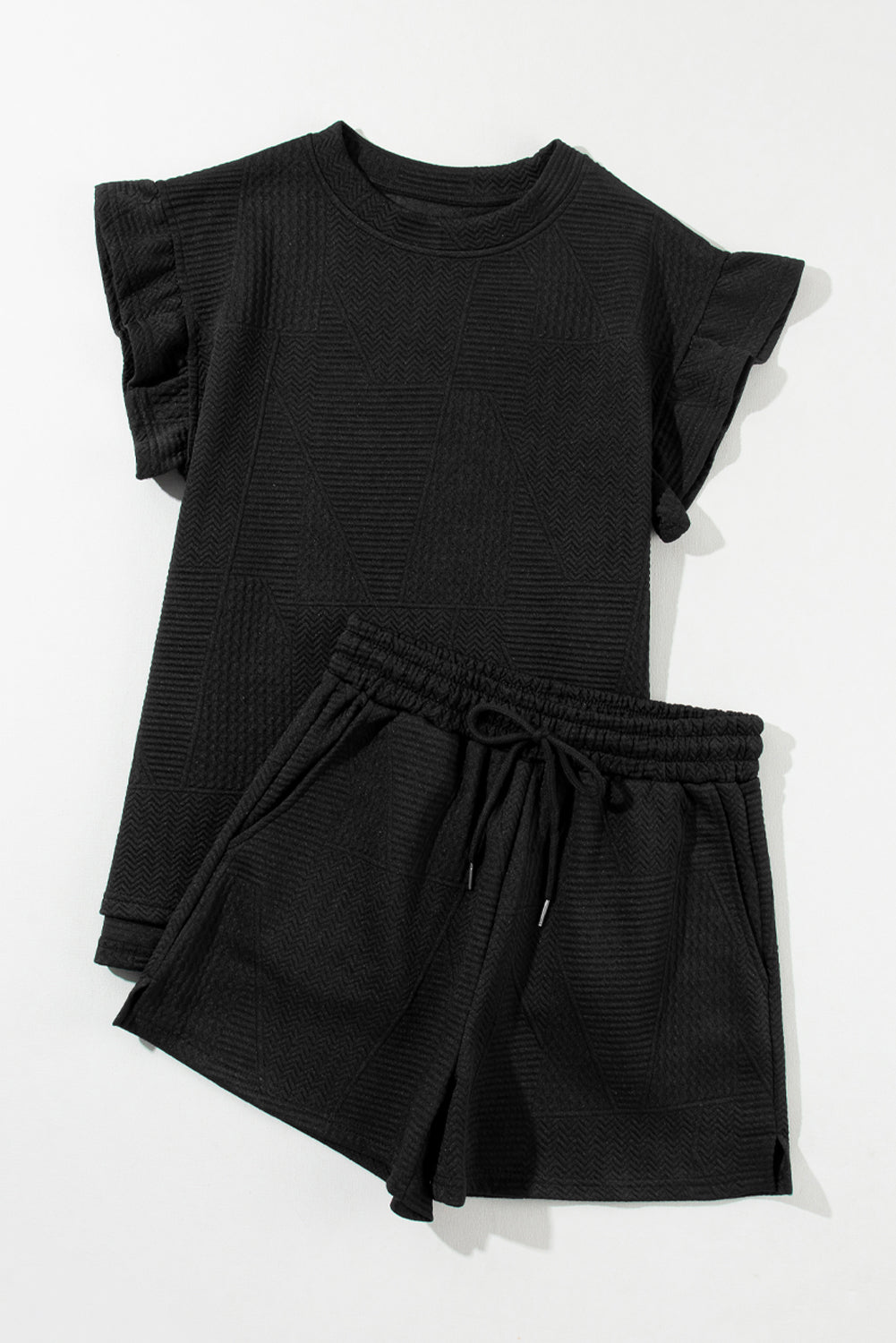 Black Textured Ruffle Short Set