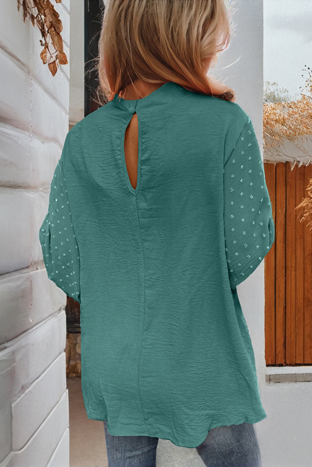 Swiss Dot Balloon Sleeve Loose Blouse Green