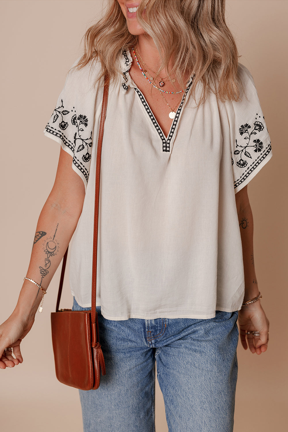 Embroidered V Neck Blouse