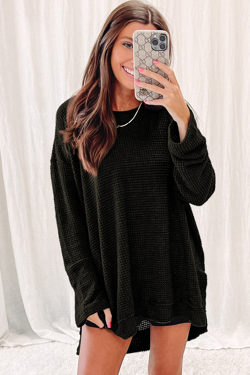 Black Basic Waffle Oversized Top