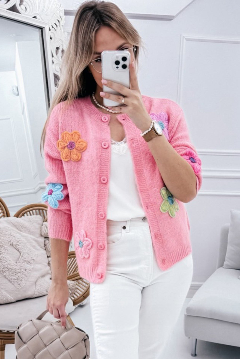 Knitted Floral Pattern Cardigan