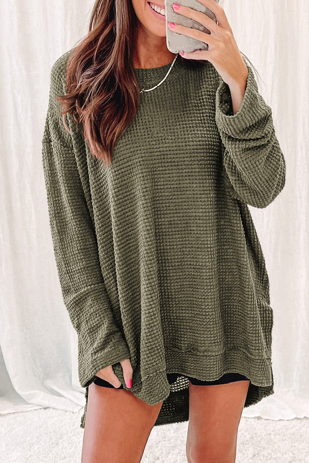 Green Basic Waffle Oversized Top