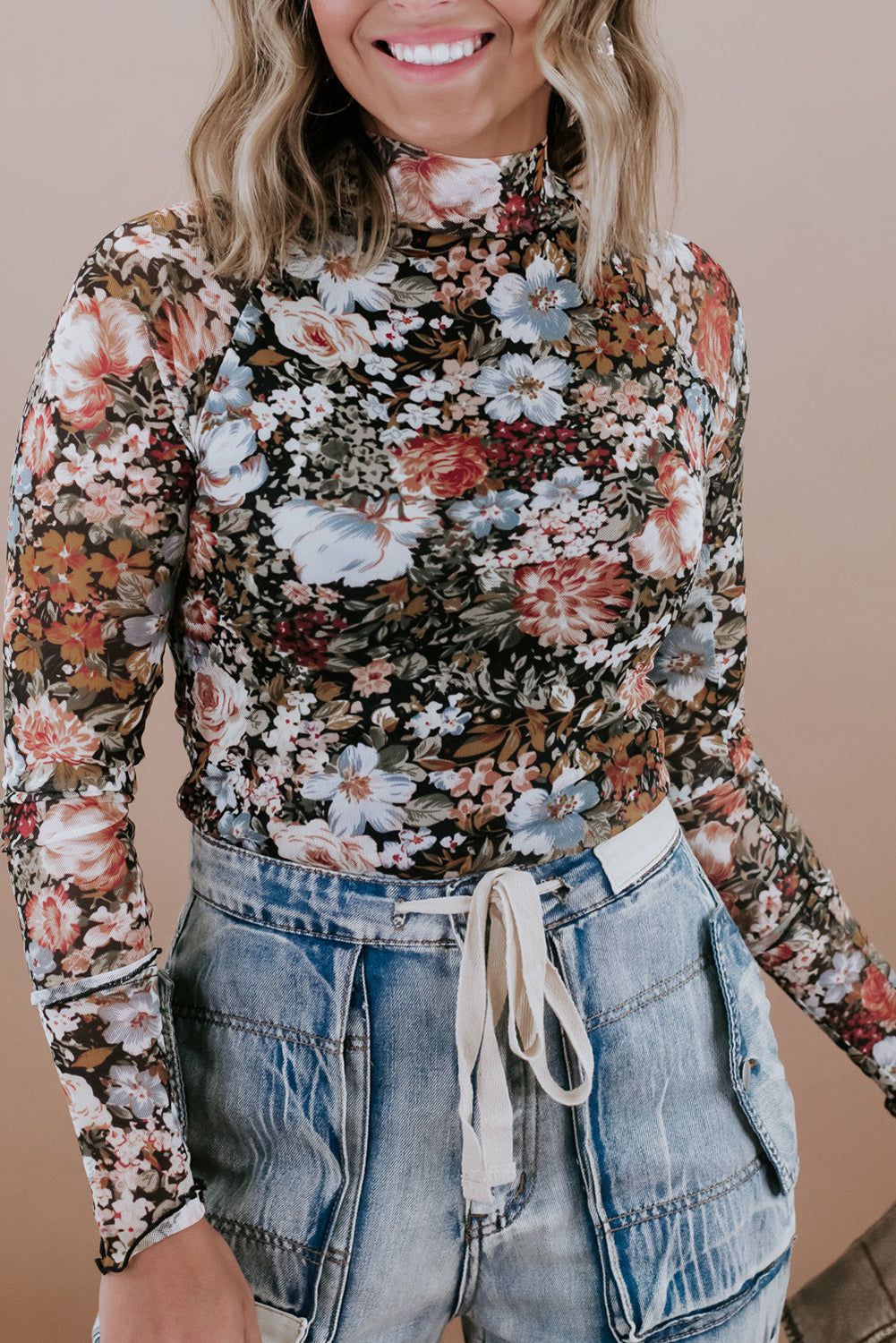 Brown Floral Mesh Blouse