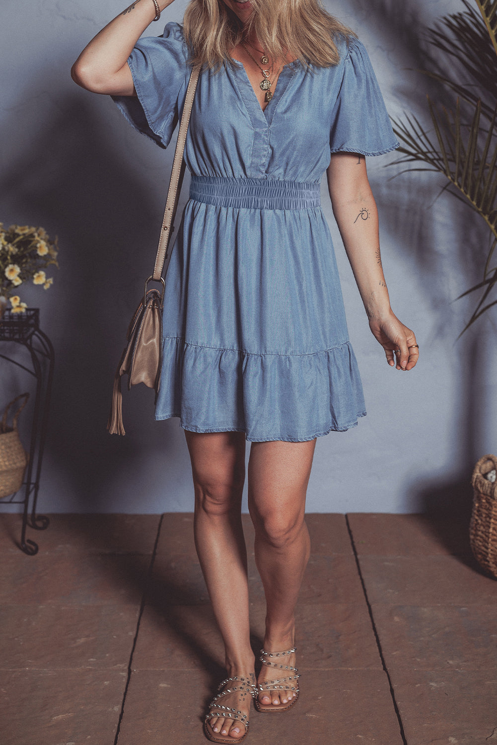 Ruffled Denim Mini Dress