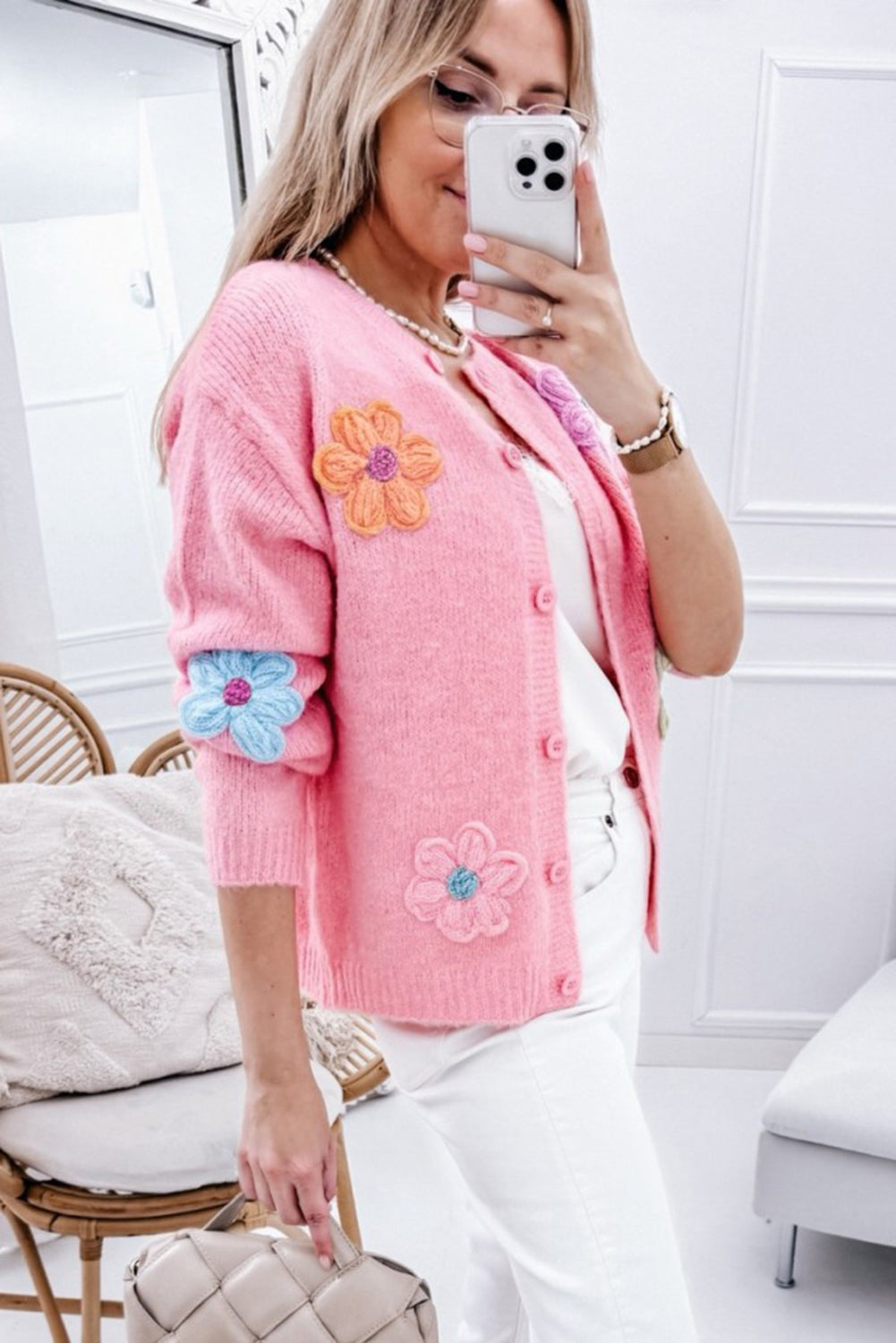 Knitted Floral Pattern Cardigan