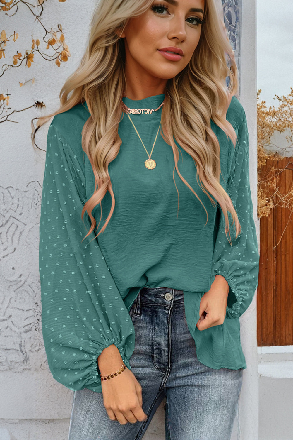 Swiss Dot Balloon Sleeve Loose Blouse Green