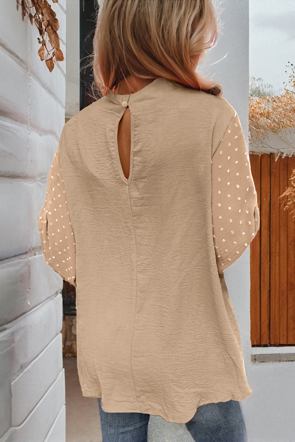 Swiss Dot Balloon Sleeve Loose Blouse Parchment