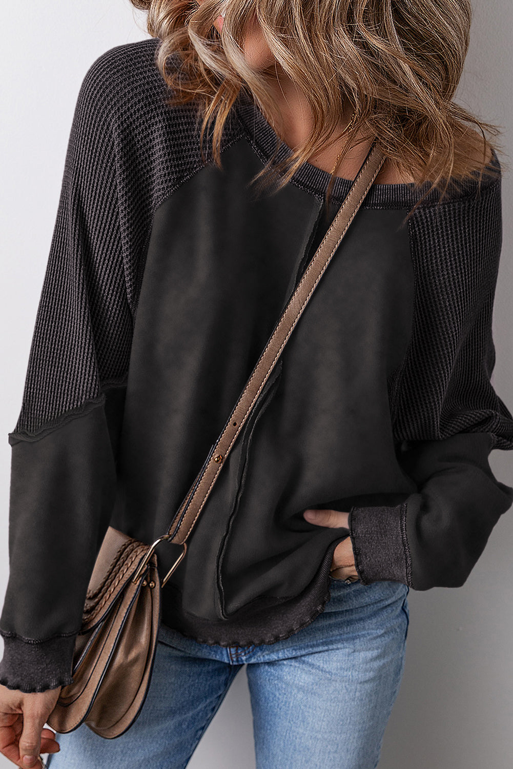 Black Basic Waffle Sweatshirt