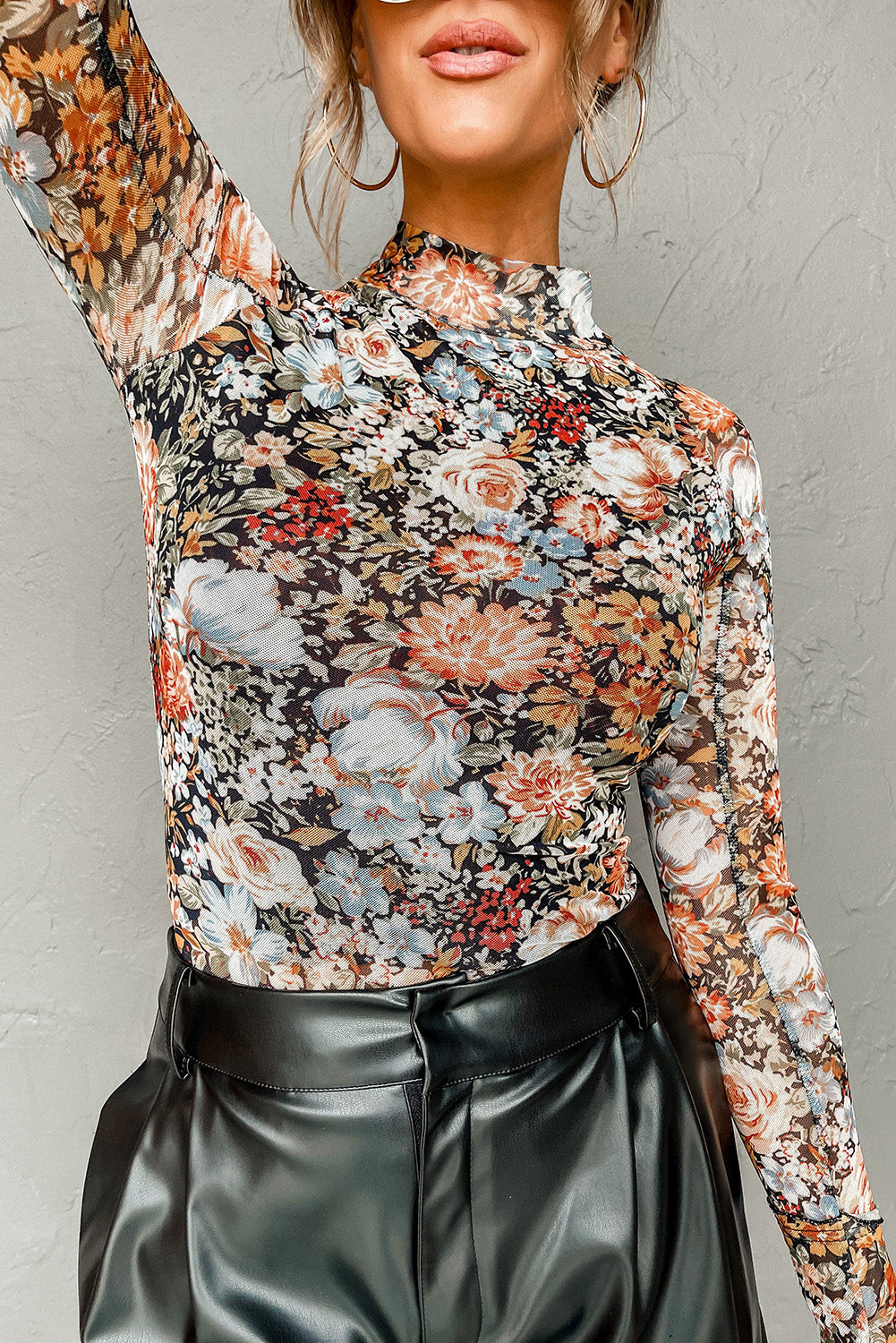 Brown Floral Mesh Blouse