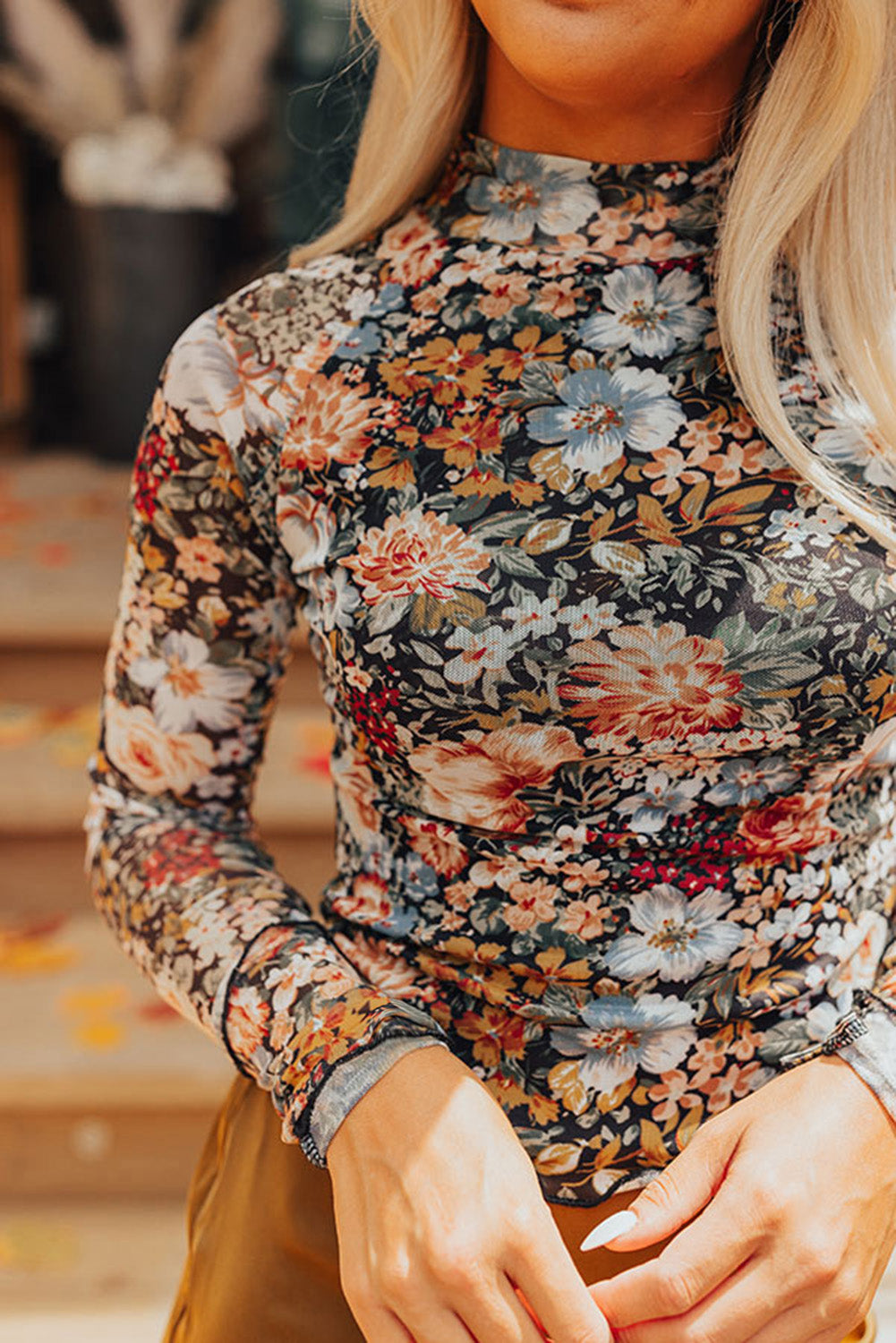 Brown Floral Mesh Blouse