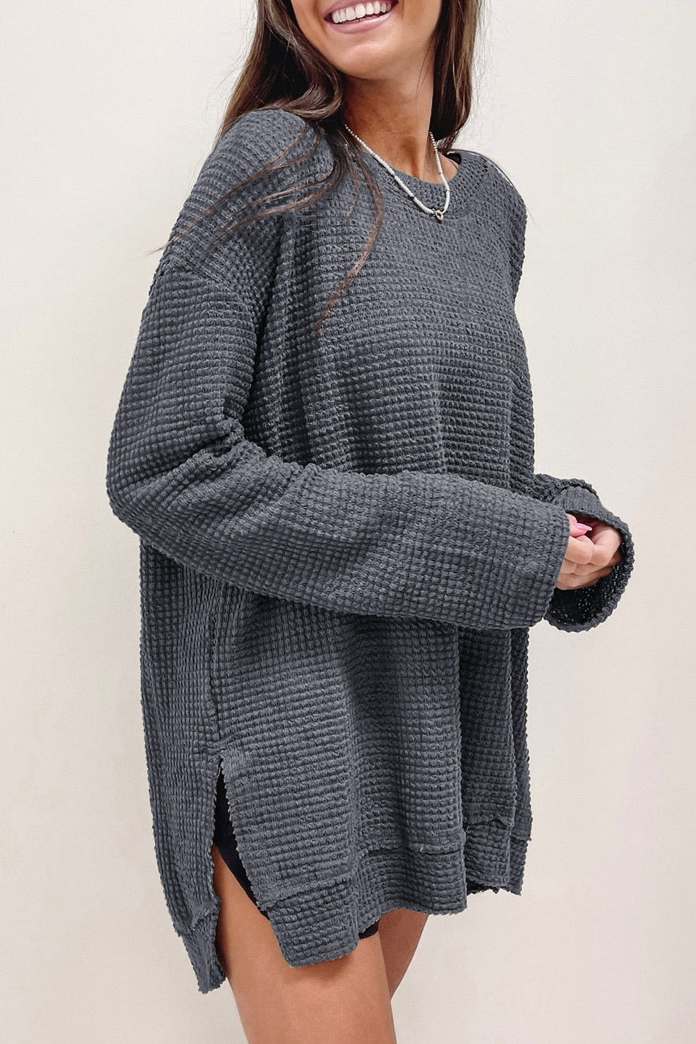 Gray Basic Waffle Oversized Top