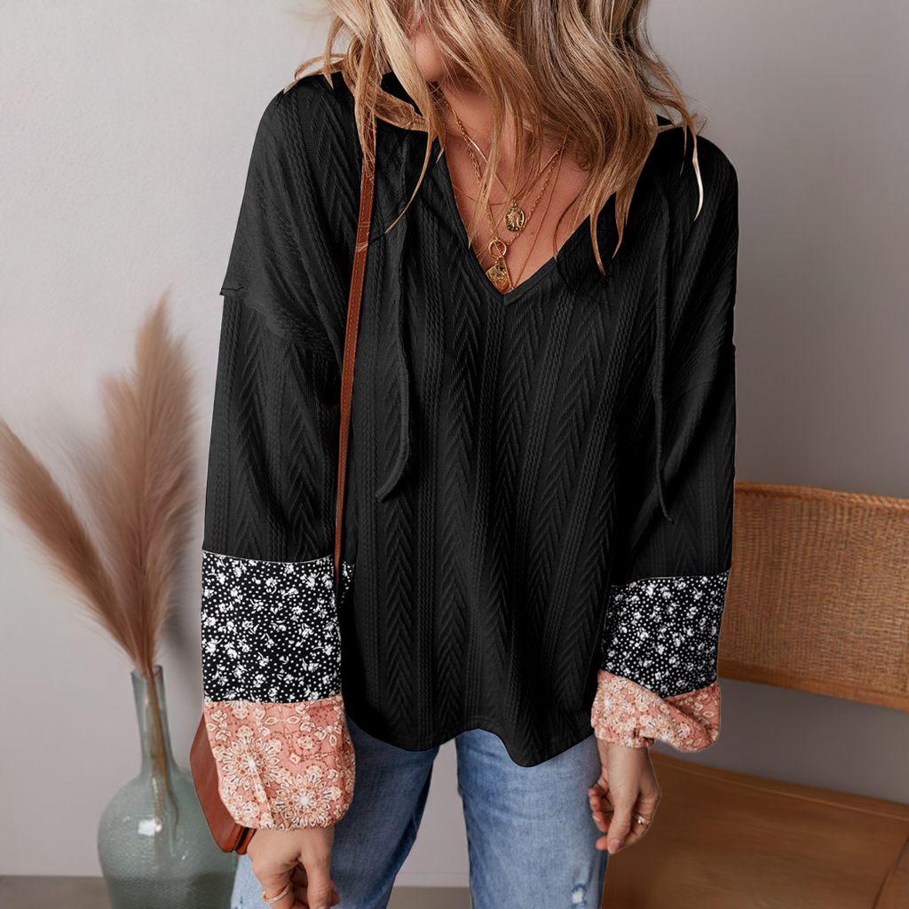 Black Floral Lace-Up Blouse